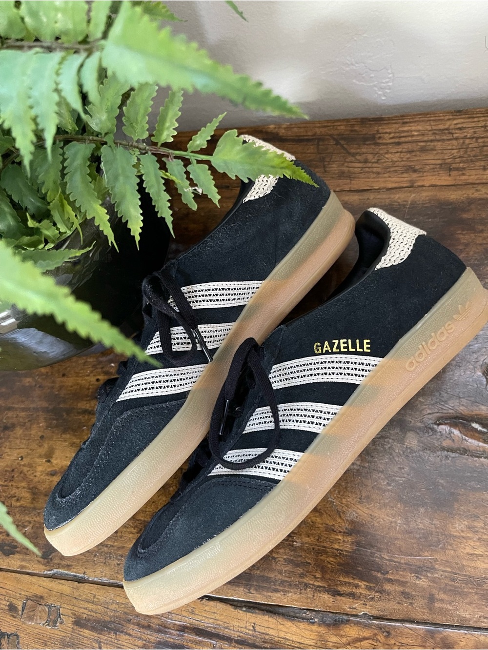adidas Gazelle Women’s Black Suede Sneakers with Cream Lace Stripes and Gum Sole